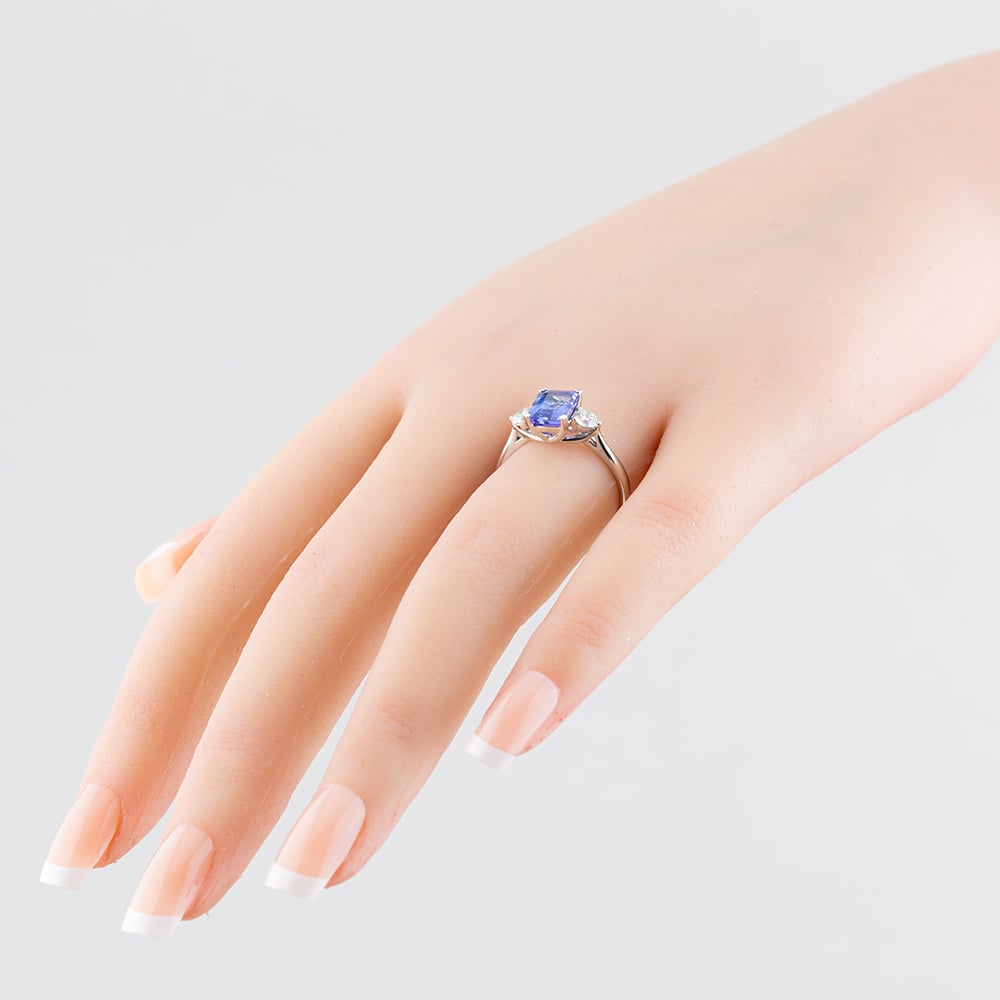 18ct White Gold 1.77ct Emerald Cut Tanzanite & 0.37ct Brilliant Cut Diamond Three Stone Ring R63929W-TZ M