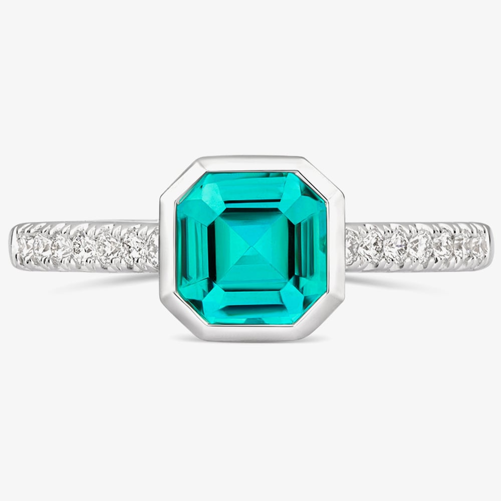 Product photograph of Tivon 18ct White Gold Lagoon Blue Tourmaline And Diamond Shoulders Ring Rw-1798-ft N from The Jewel Hut