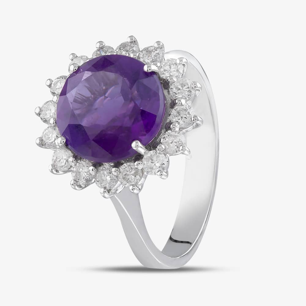 Product photograph of 18ct White Gold 3 20ct Amethyst Amp 0 62ct Brilliant Cut Diamond Halo Ring V250 Am 21219c from The Jewel Hut