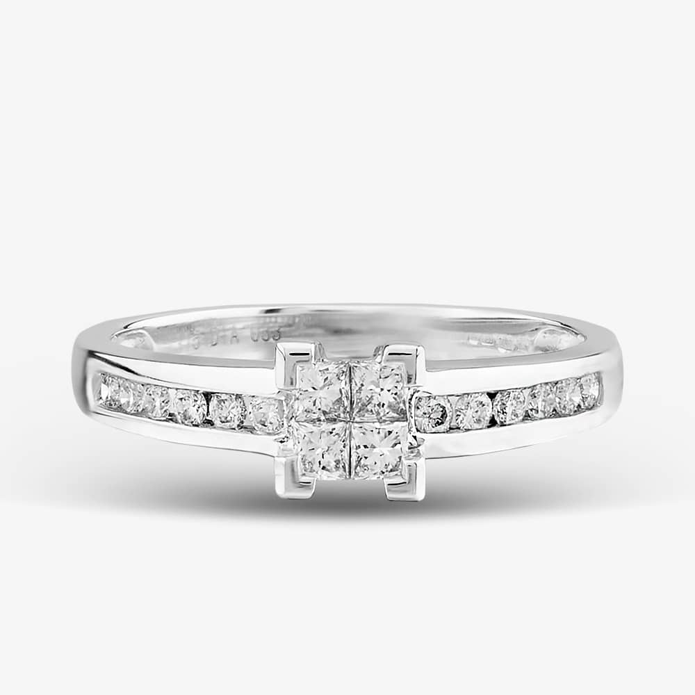 9ct White Gold Princess Cut Diamond Shoulder Set Cluster Ring PR3670W