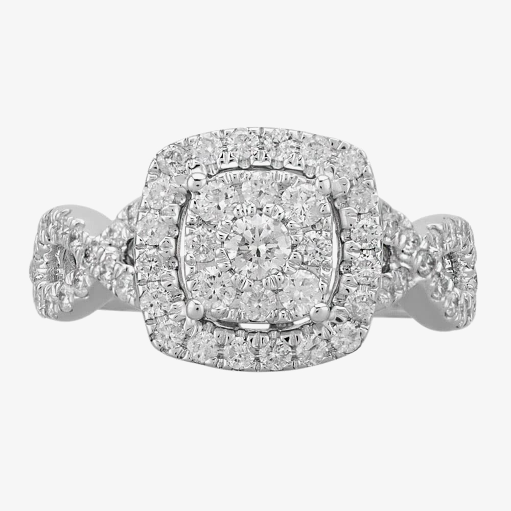 Pure Brilliance 9ct White Gold 1.00ct Diamond Cross Shoulder Square Cluster Ring THR19823-125E 9WG