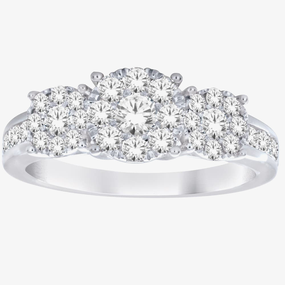 9ct White Gold 1.00ct Diamond Cluster Trilogy Ring THR15119-100TB 9KW