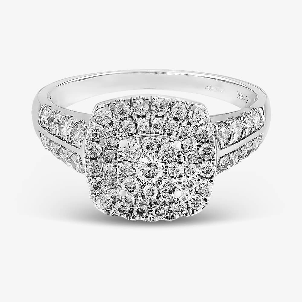 Pure Brilliance 18ct White Gold 1.00ct Diamond Shouldered Cushion Cluster Ring THR15868-100