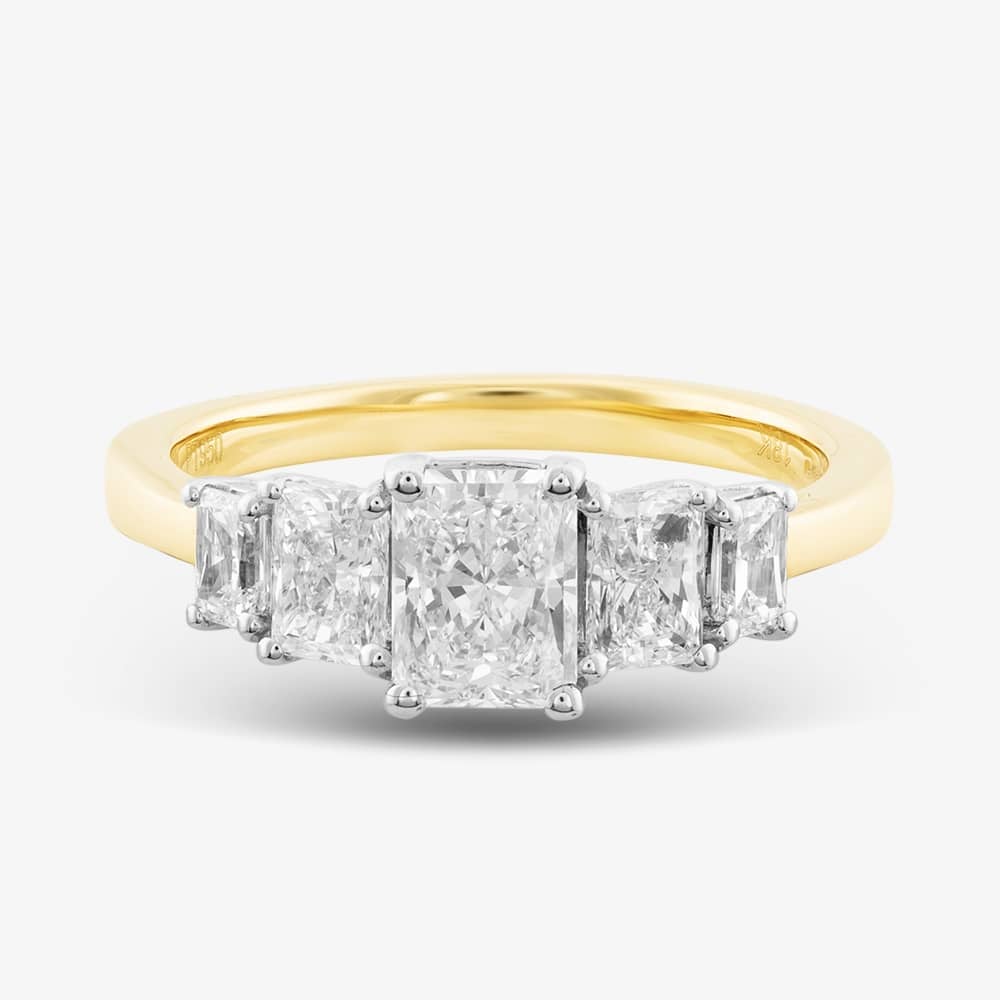 18ct Yellow Gold Certified 1.63ct Radiant Cut Diamond Five Stone Ring RN10763