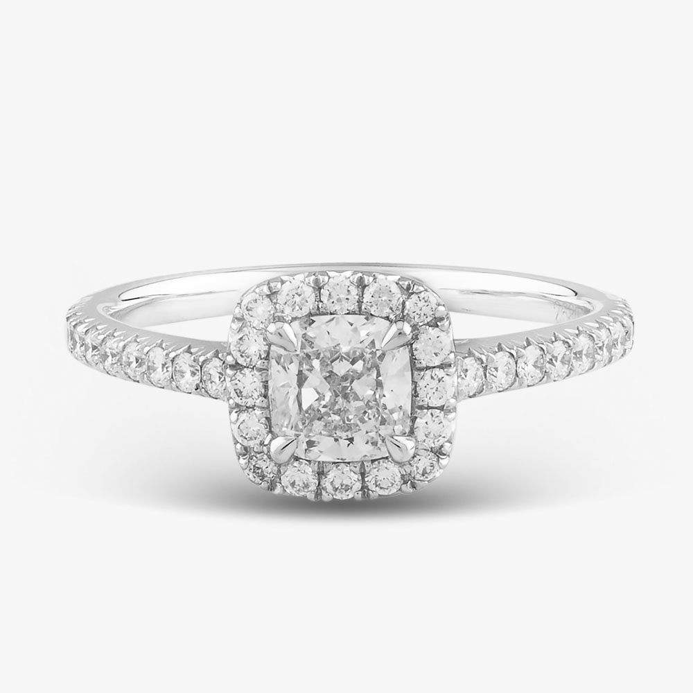 18ct White Gold Certificated 1.04ct Cushion Cut Diamond Shoulder Set Halo Ring J10648X/24-14-044 M