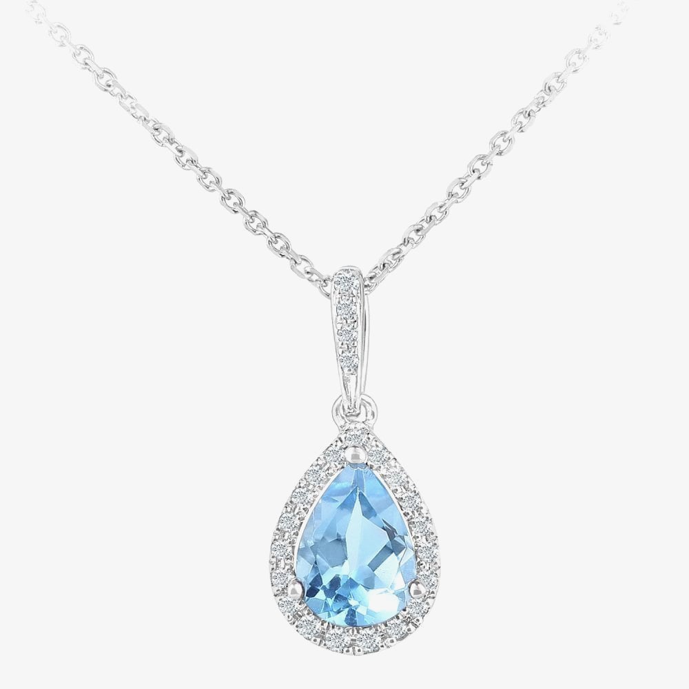 9ct White Gold Pear Shaped Blue Topaz & Diamond Pendant Necklace DP1618WBT
