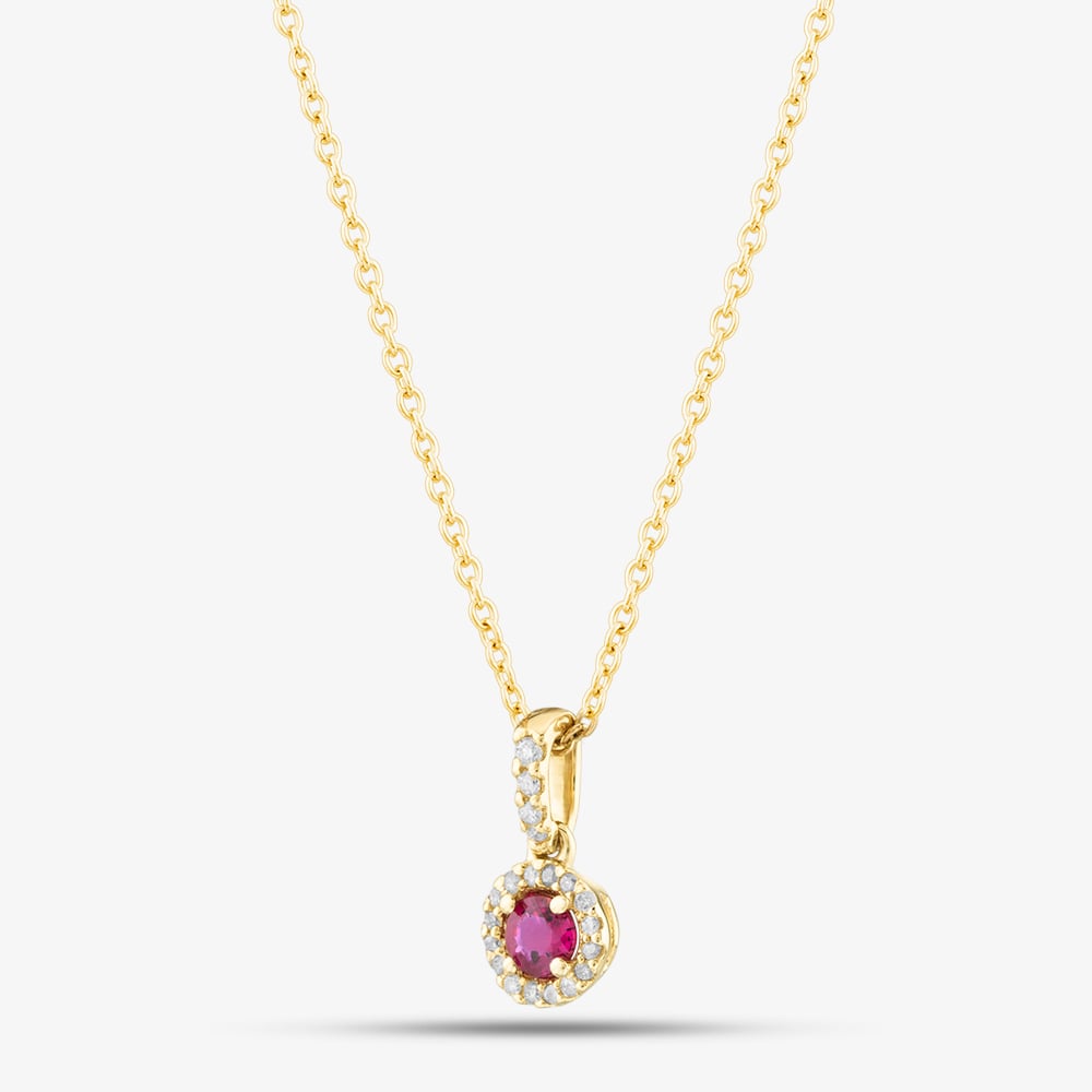 Product photograph of 9ct Yellow Gold 0 20ct Brilliant Cut Ruby Amp 0 08ct Diamond Halo Necklace Www2832 from The Jewel Hut