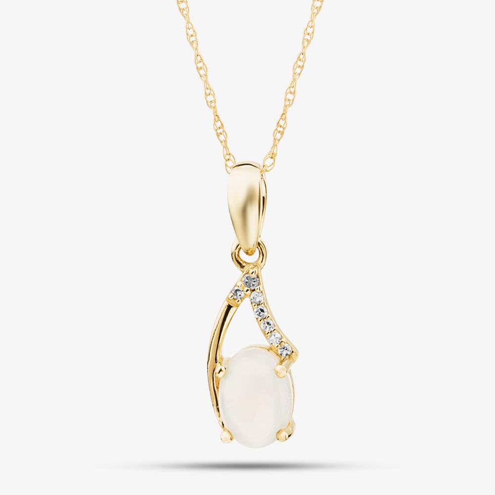 Gold Impression 9ct Yellow Gold Oval Opal & Diamond Pendant Necklace RJP04810