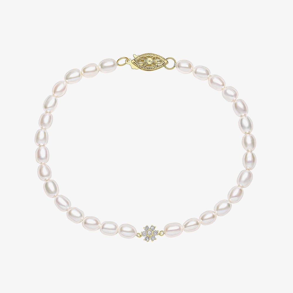 9ct Yellow Gold Flower Diamond Freshwater Pearl Beaded Bracelet GB531W