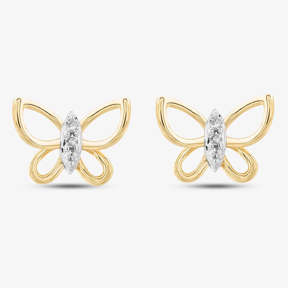 9ct Yellow Gold 0.05ct Brilliant Cut Diamond Butterfly Stud Earrings THE39305-05 (YG)