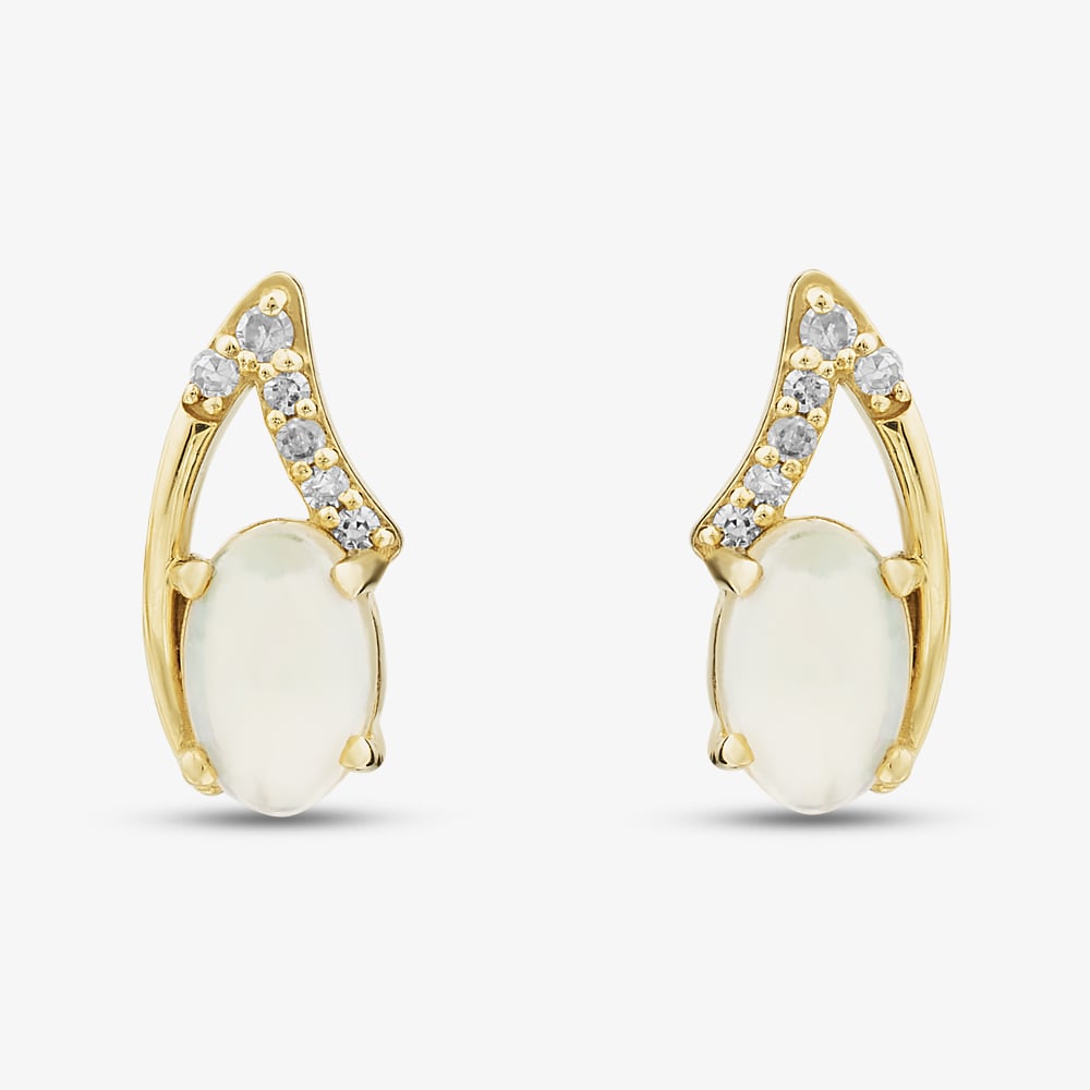 Gold Impression 9ct Yellow Gold Opal & Diamond Drop Stud Earrings RJE04811