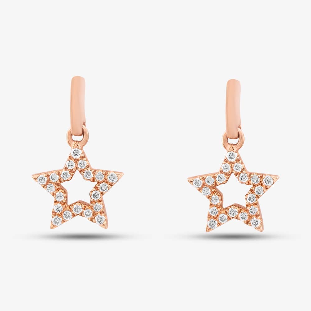 9ct Rose Gold 0.12ct Brilliant Cut Diamond Open Star Dropper Earrings PTOD 9KR