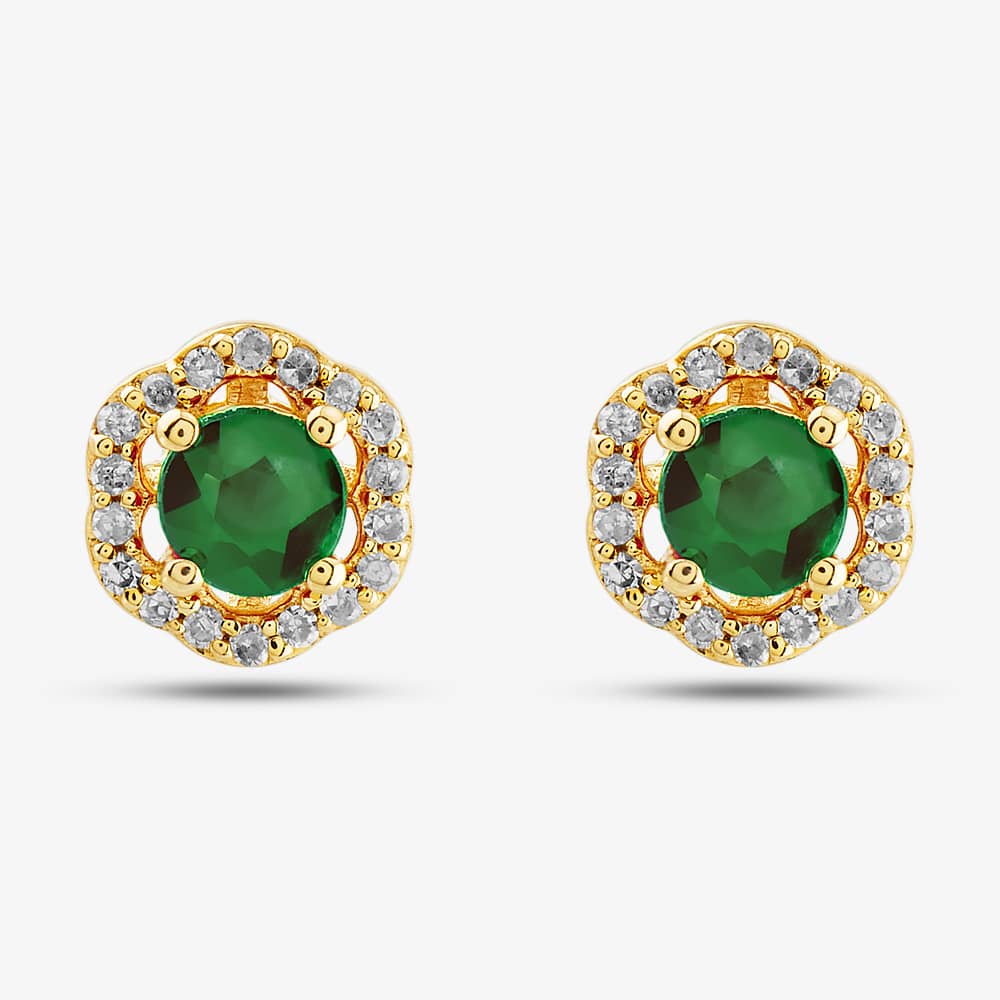  9ct Yellow Gold Emerald & Diamond Halo Stud Earrings OJE1701-E