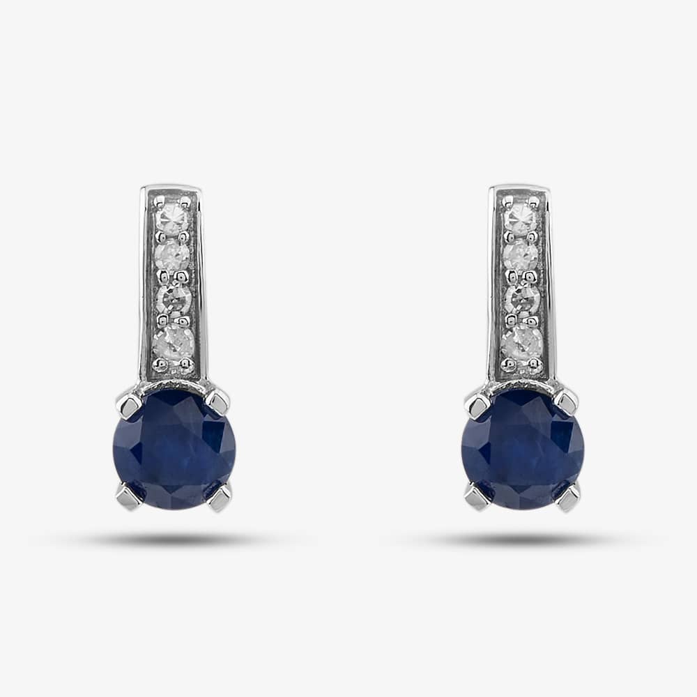  9ct White Gold Sapphire & 0.06ct Diamond Stud Earrings OJE1704-BS