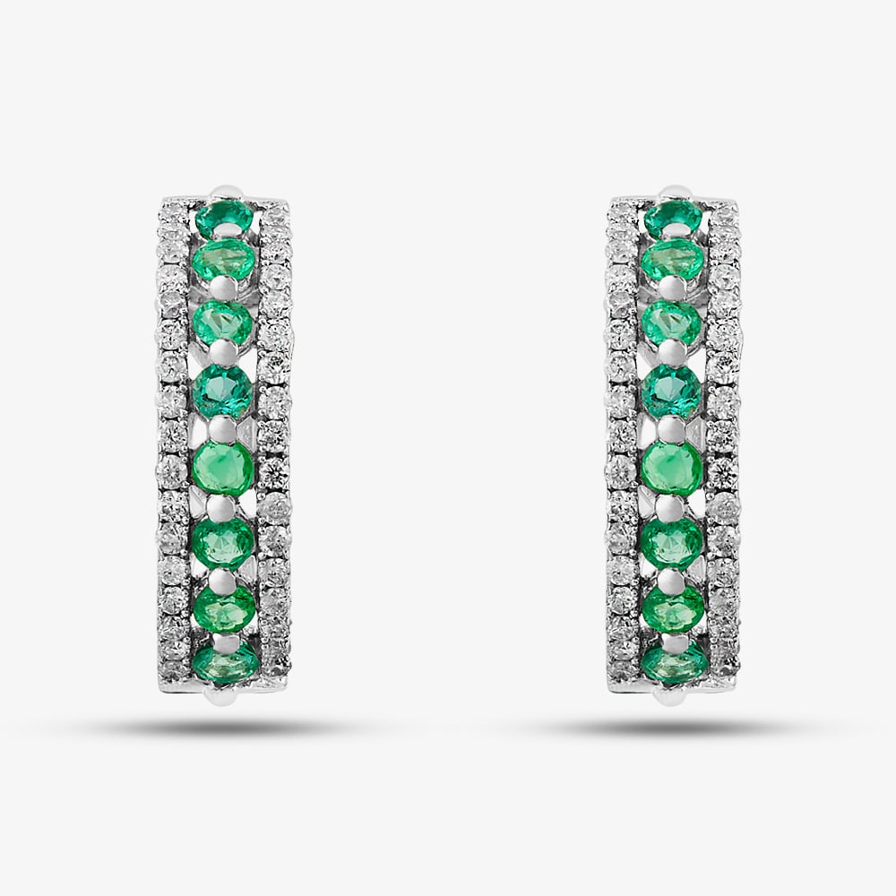 9ct White Gold Emerald and Diamond Three Row Hoop Earrings PE04865 EM