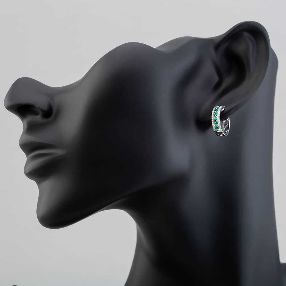 9ct White Gold Emerald and Diamond Three Row Hoop Earrings PE04865 EM