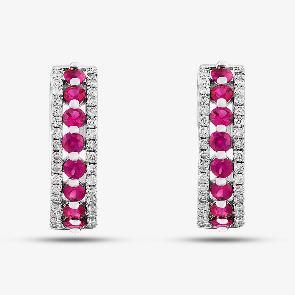 9ct White Gold Ruby and Diamond Three Row Hoop Earrings PE04865 RU
