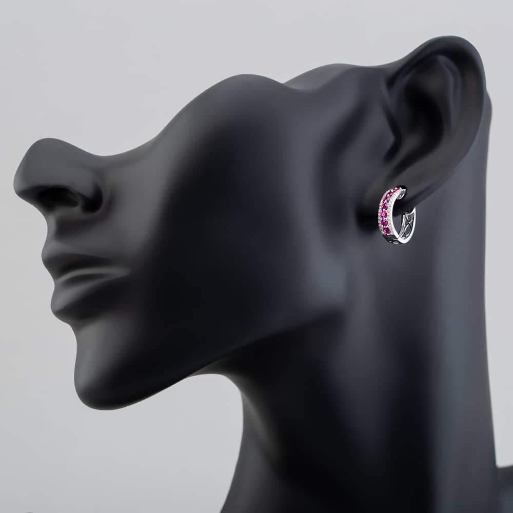 9ct White Gold Ruby and Diamond Three Row Hoop Earrings PE04865 RU