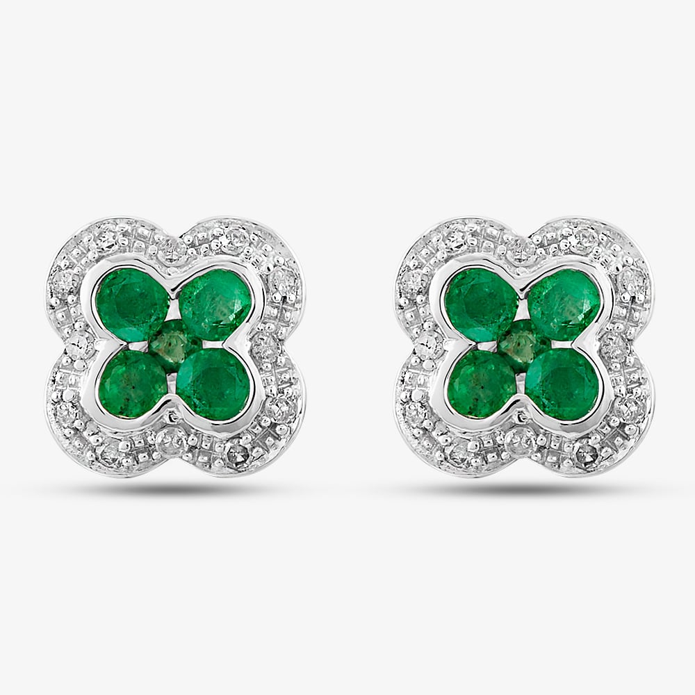 9ct White Gold Emerald and Diamond Quatrefoil Cluster Stud Earrings PE04942 EM