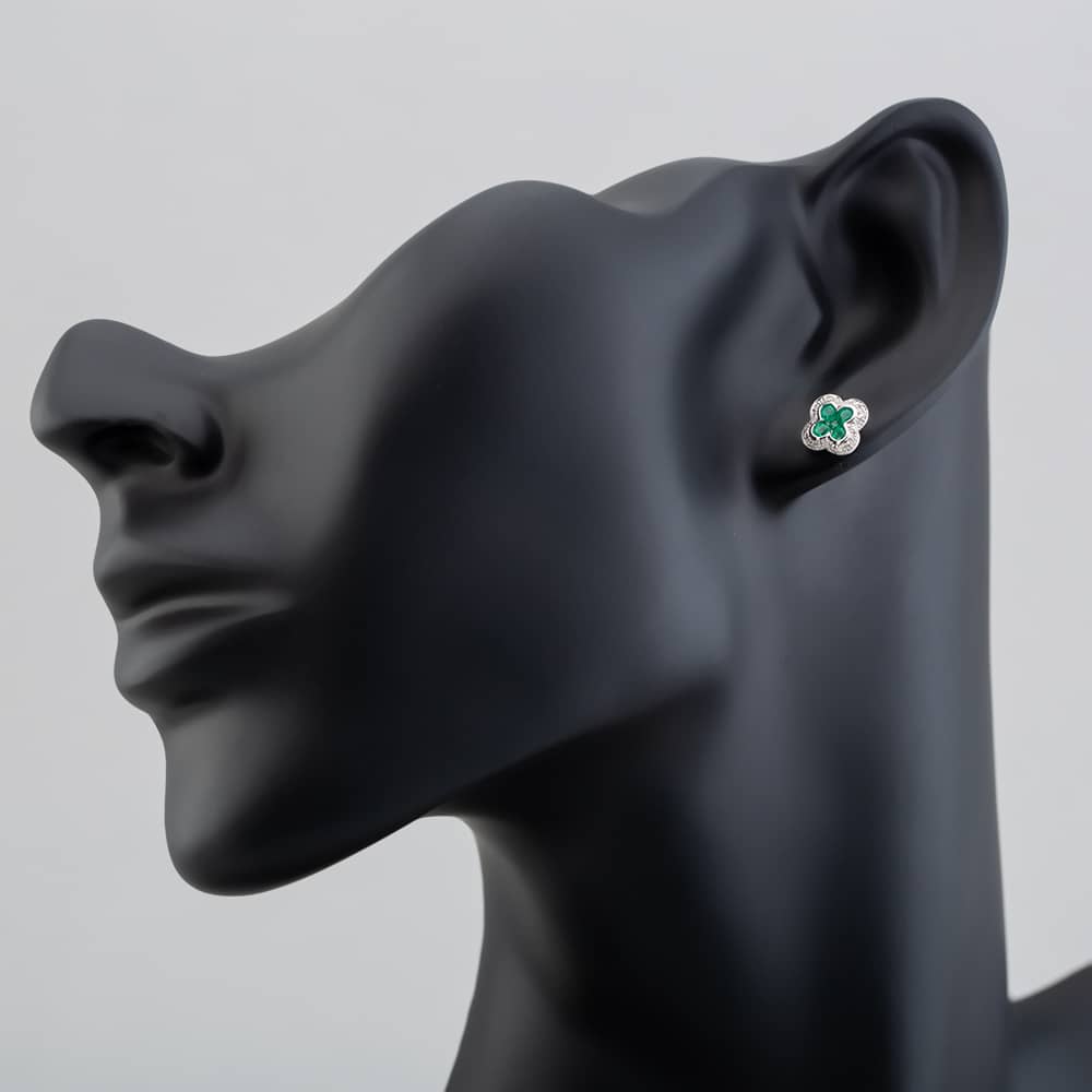 9ct White Gold Emerald and Diamond Quatrefoil Cluster Stud Earrings PE04942 EM