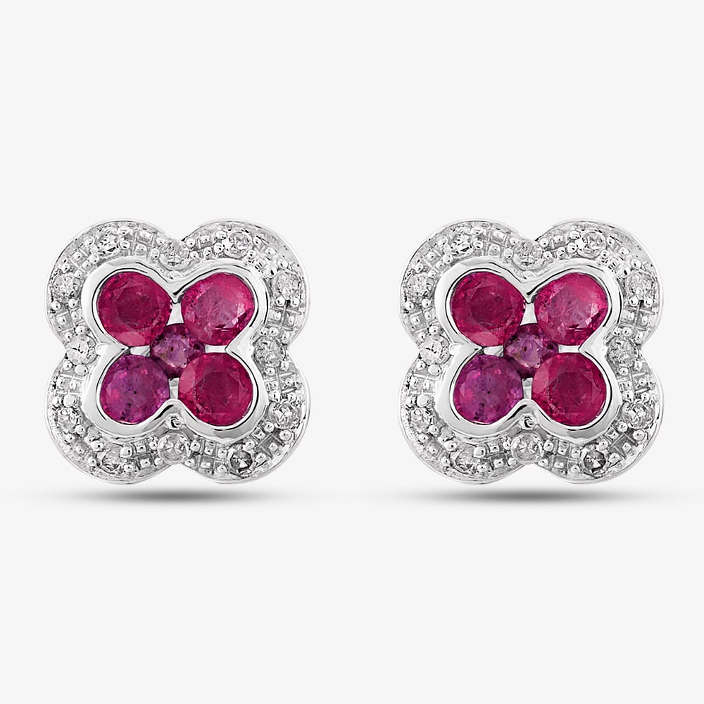 9ct White Gold Ruby and Diamond Quatrefoil Cluster Stud Earrings PE04942 RU