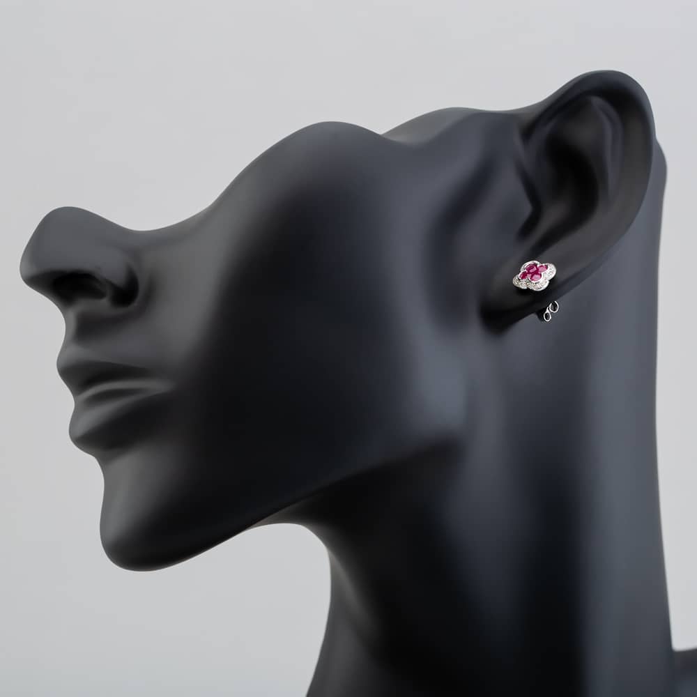 9ct White Gold Ruby and Diamond Quatrefoil Cluster Stud Earrings PE04942 RU