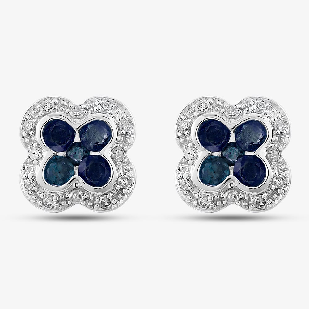 9ct White Gold Sapphire and Diamond Quatrefoil Cluster Stud Earrings PE04942 SA