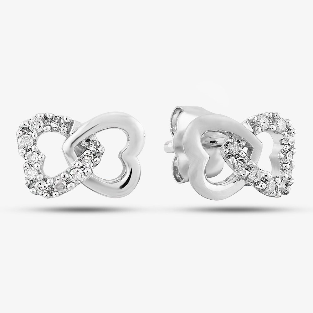 9ct White Gold & Pave Diamond Double Open Hearts Stud Earrings PE05599