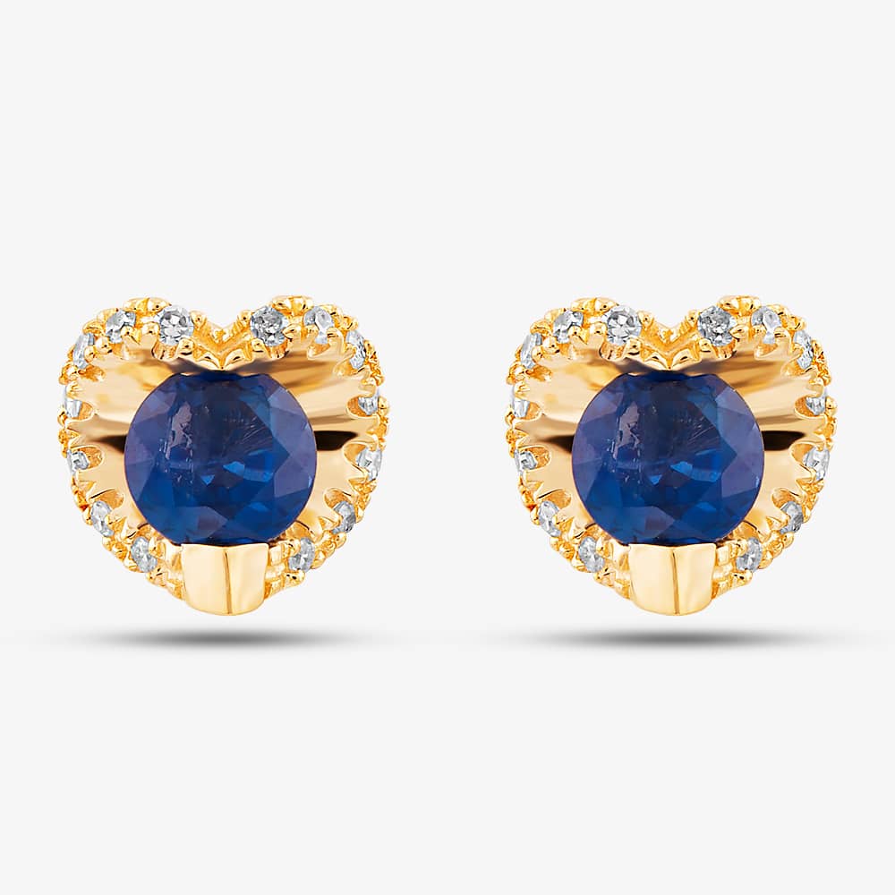 9ct Yellow Gold 0.08ct Diamond & Sapphire Heart Stud Earrings PE20239