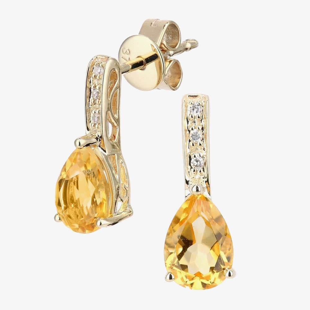 9ct Yellow Gold Pear Shaped Citrine & Diamond Stud Earrings DE1602Yct