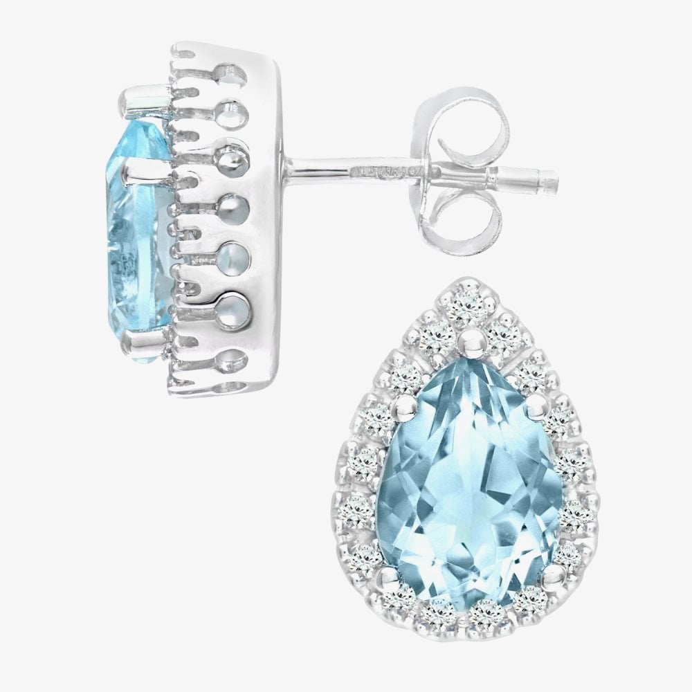 9ct White Gold Pear Shaped Blue Topaz & 0.13ct Diamond Halo Stud Earrings PE03553W BT