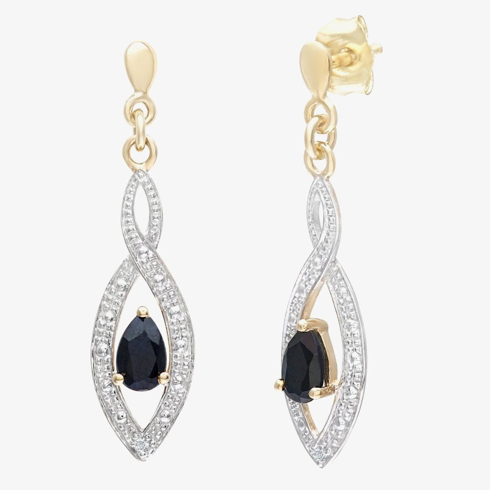 9ct Yellow Gold Sapphire & Diamond Twist Dropper Earrings PE03459Y SA
