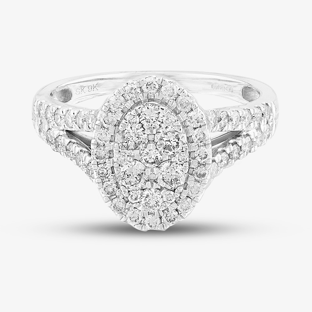 Pure Brilliance 9ct White Gold 1.00ct Diamond Split Shouldered Oval Cluster Ring THR21963-100
