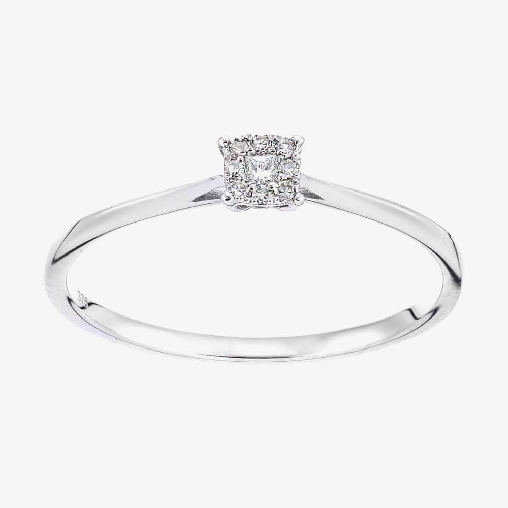 9ct White Gold 0.07ct Princess & Brilliant Cut Diamond Square Cluster Ring PR20432W
