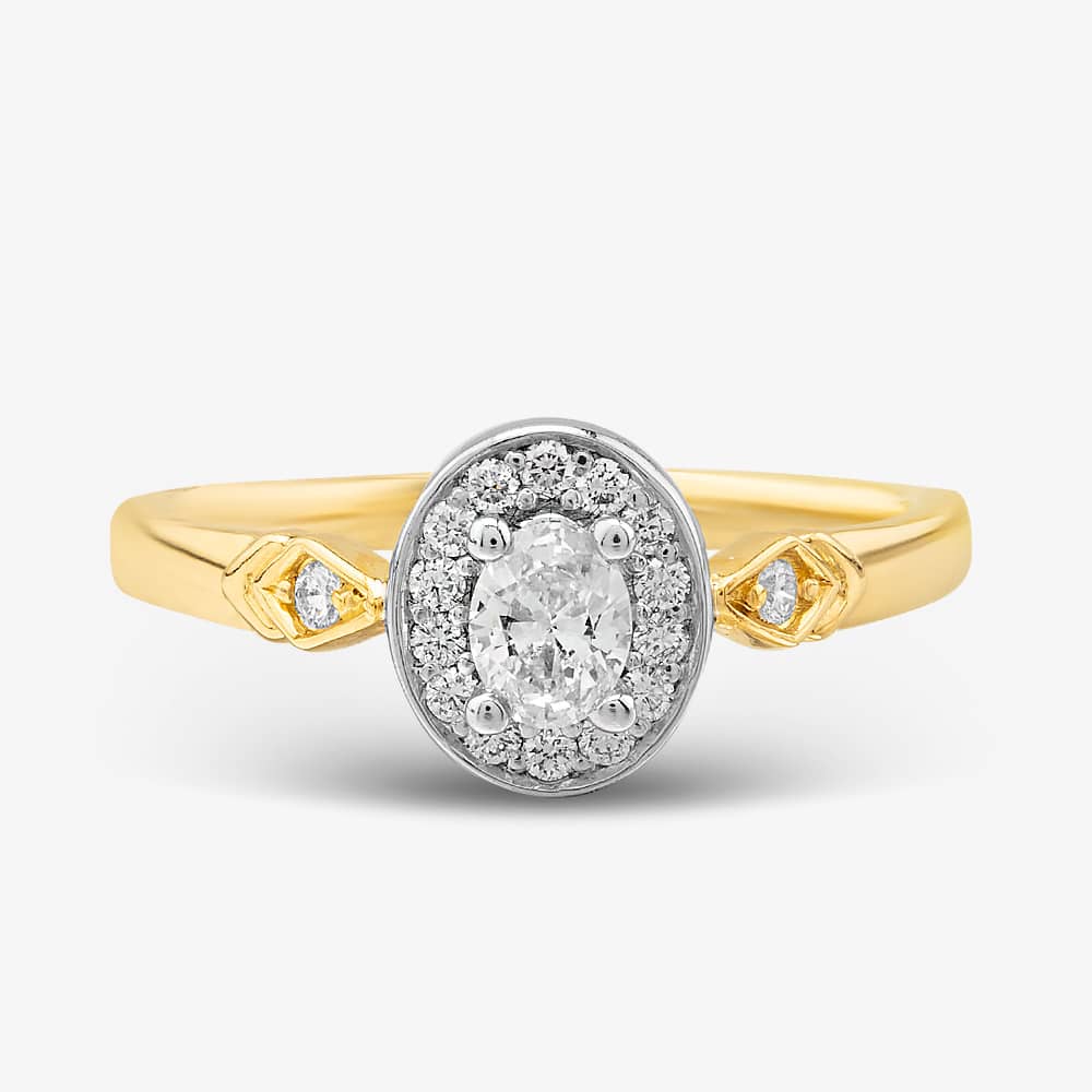  9ct Two Colour Gold Diamond Oval Shoulder Set Halo Ring 30981/33 