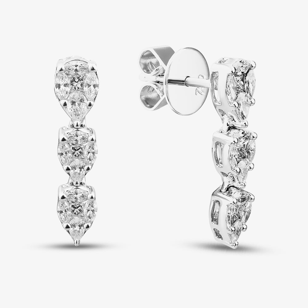 18ct White Gold Diamond Cluster Drop Earrings J732