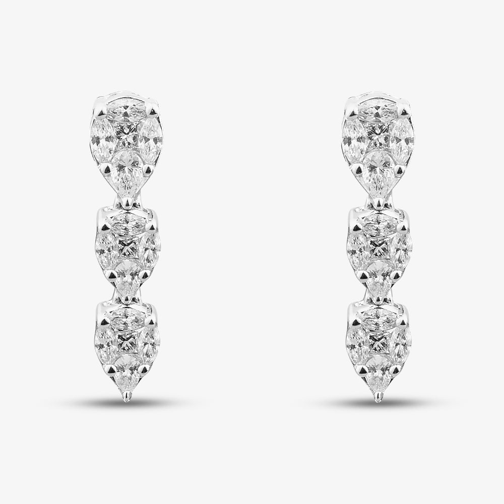 18ct White Gold Diamond Cluster Drop Earrings J732