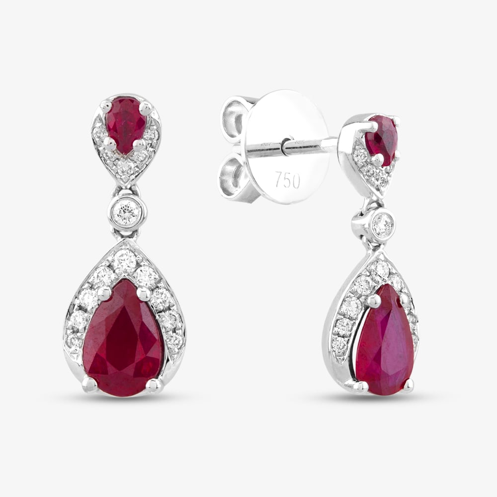 Product photograph of 18ct White Gold Pear Cut Ruby Amp Brilliant Cut Diamond Tear Drop Earrings Lg263 Ea-pr Ru from The Jewel Hut