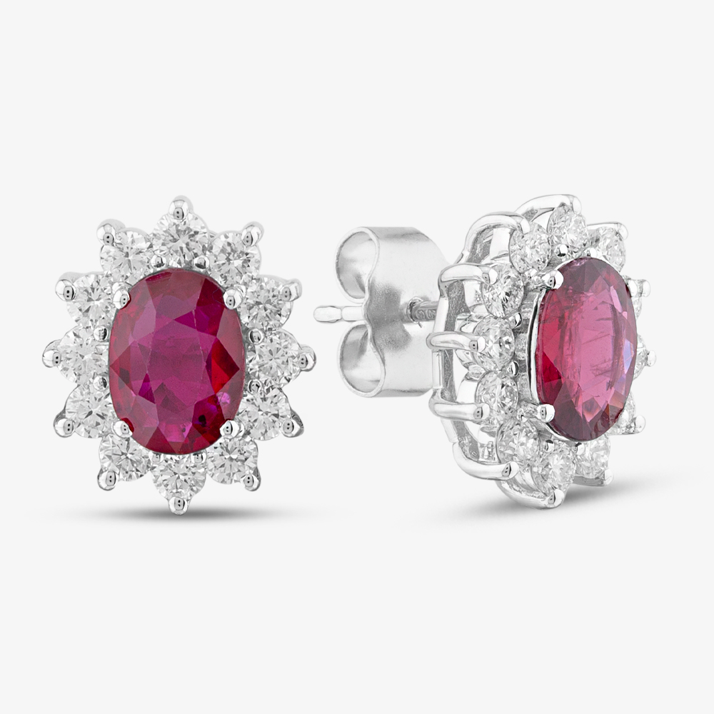 Product photograph of 18ct White Gold 1 91ct Oval Cut Ruby Amp 0 89ct Diamond Cluster Stud Earrings Mq9239 from The Jewel Hut