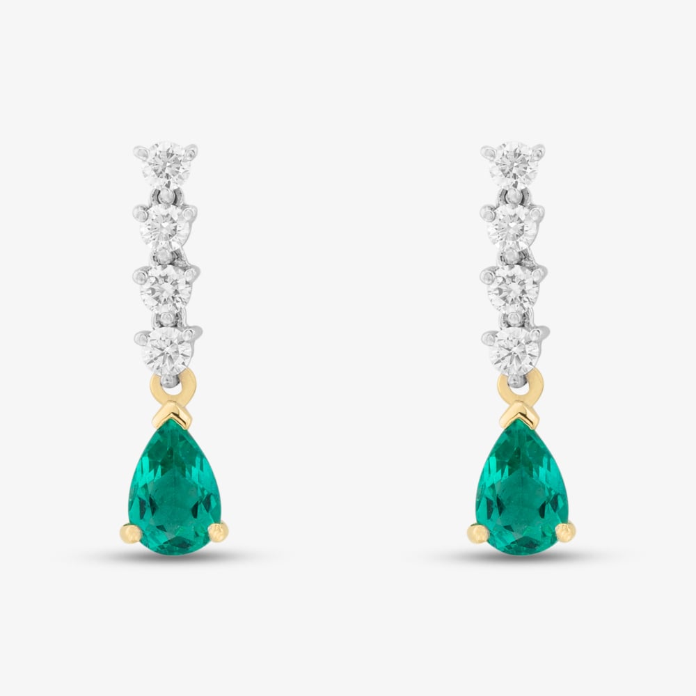 18ct Yellow Gold 0.72ct Pear Cut Emerald & 0.30ct Brilliant Cut Diamond Dropper Earrings 49724J5
