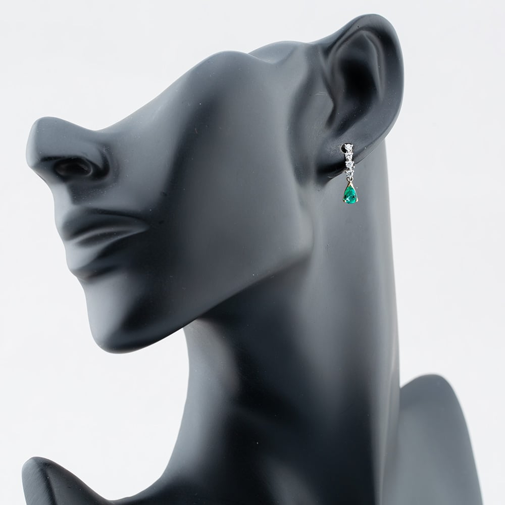 18ct Yellow Gold 0.72ct Pear Cut Emerald & 0.30ct Brilliant Cut Diamond Dropper Earrings 49724J5