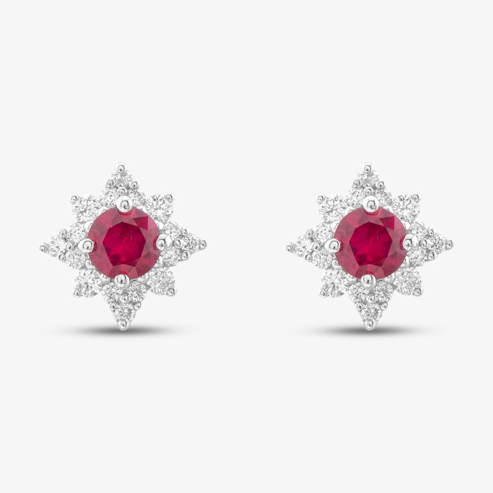 18ct White Gold 0.52ct Ruby & 0.23ct Brilliant Cut Diamond Star Halo Stud Earrings 39736