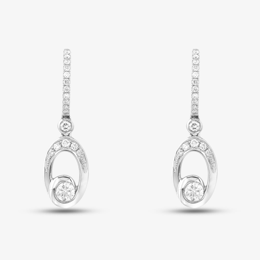 18ct White Gold 0.70ct Brilliant Cut Open Oval Swirl Huggie Dropper Earrings LG306/EA-PR