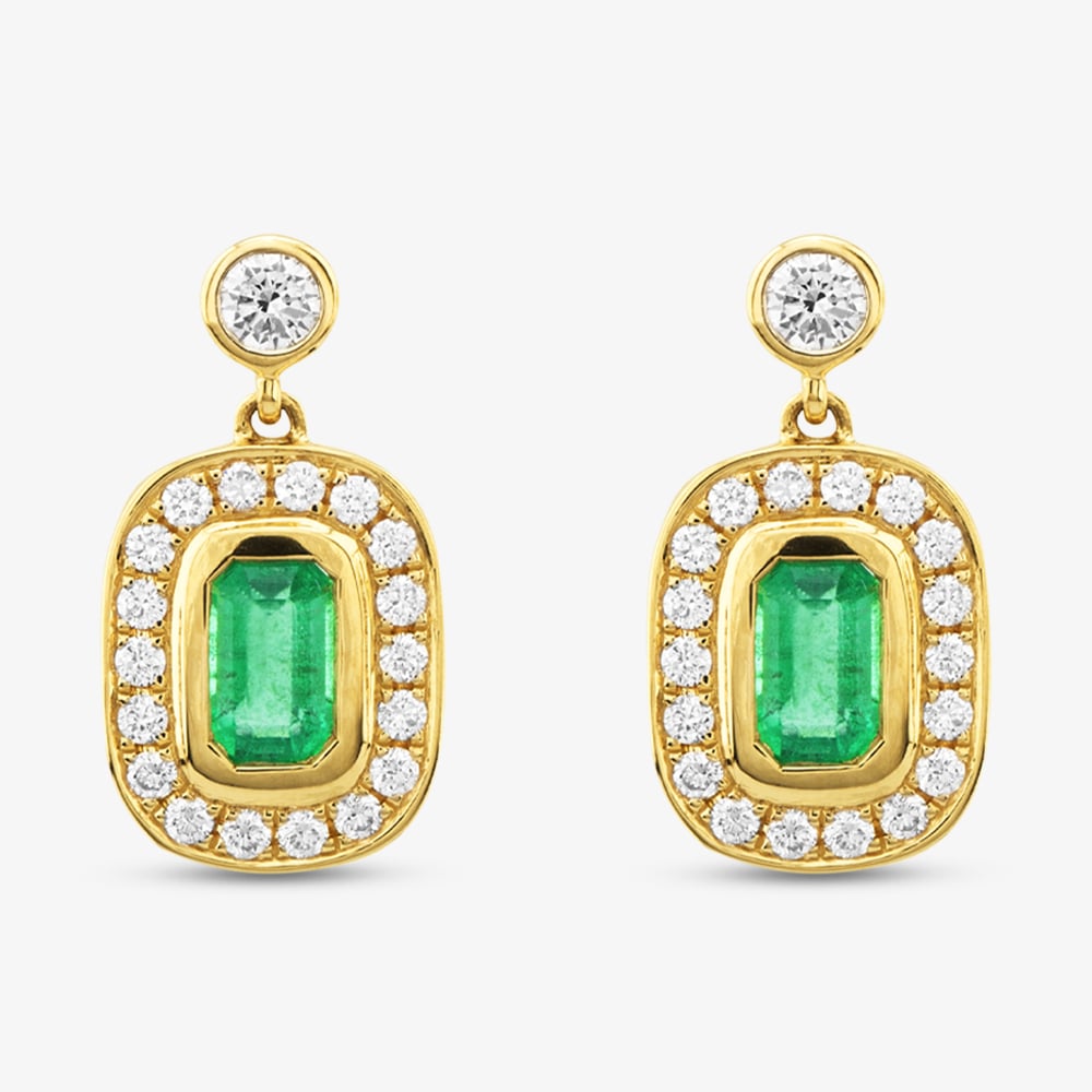 18ct Yellow Gold Emerald Cut Emerald & Brilliant Cut Diamond Dropper Earrings LG327/EA-PR(EM)
