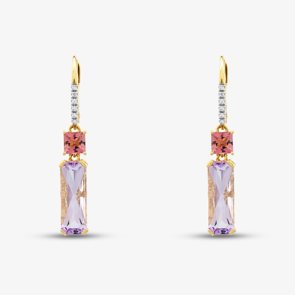18ct Yellow Gold Multi Cut Amethyst & Topaz & 0.05ct Diamond Dropper Earrings LG320/EA-PR(PTO/AM)