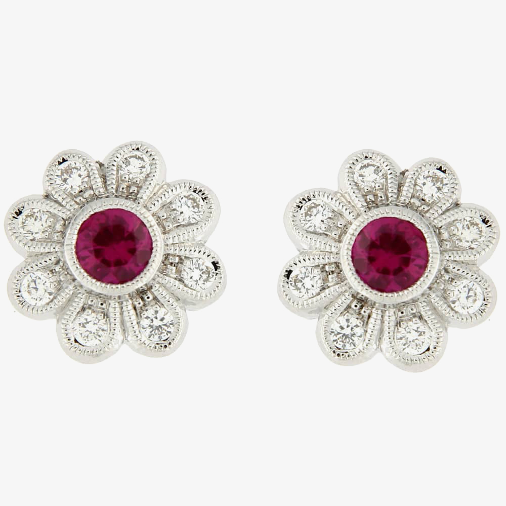 Product photograph of Ungar Amp Ungar 18ct White Gold Diamond Amp Ruby Flower Stud Earrings 8we3969 A D Ru from The Jewel Hut