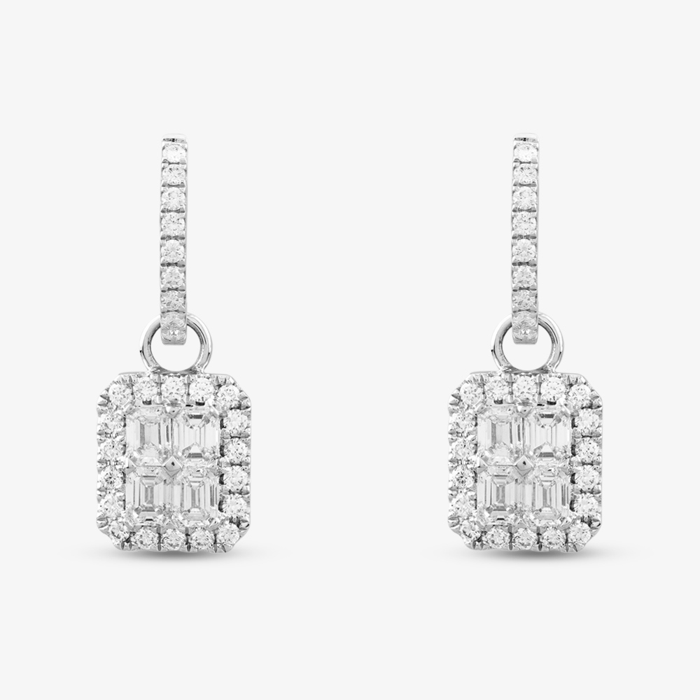 18ct White Gold Brilliant & Emerald Cut Diamond Hoop Dropper Earrings E27616GW18DD