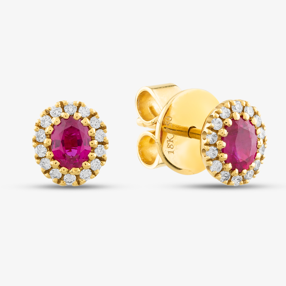 Product photograph of 18ct Yellow Gold Oval Cut Ruby Amp Brilliant Cut Diamond Halo Stud Earrings Efx1440ru 18ky from The Jewel Hut