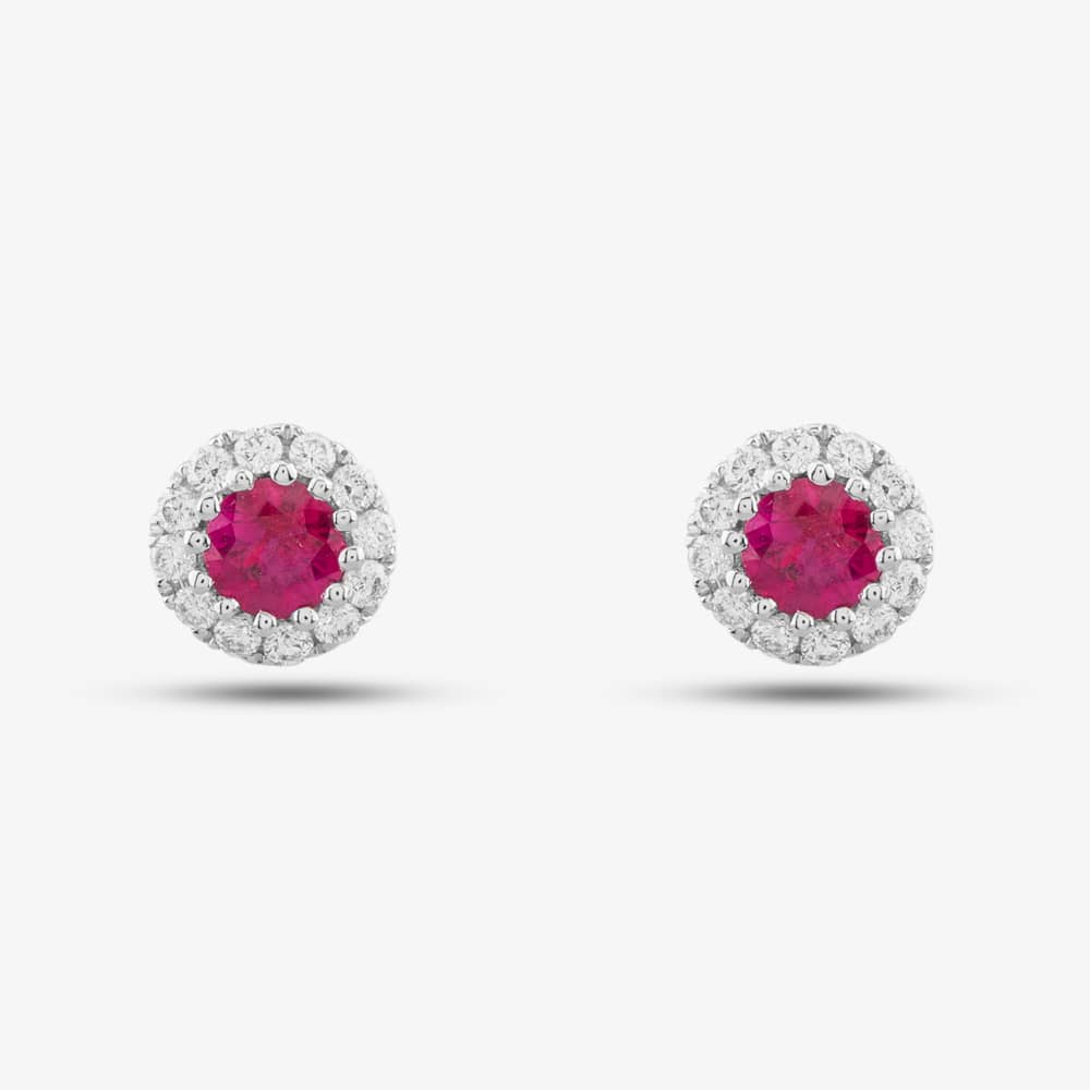 18ct White Gold Brilliant Cut Ruby & Diamond Halo Stud Earrings 36845G1