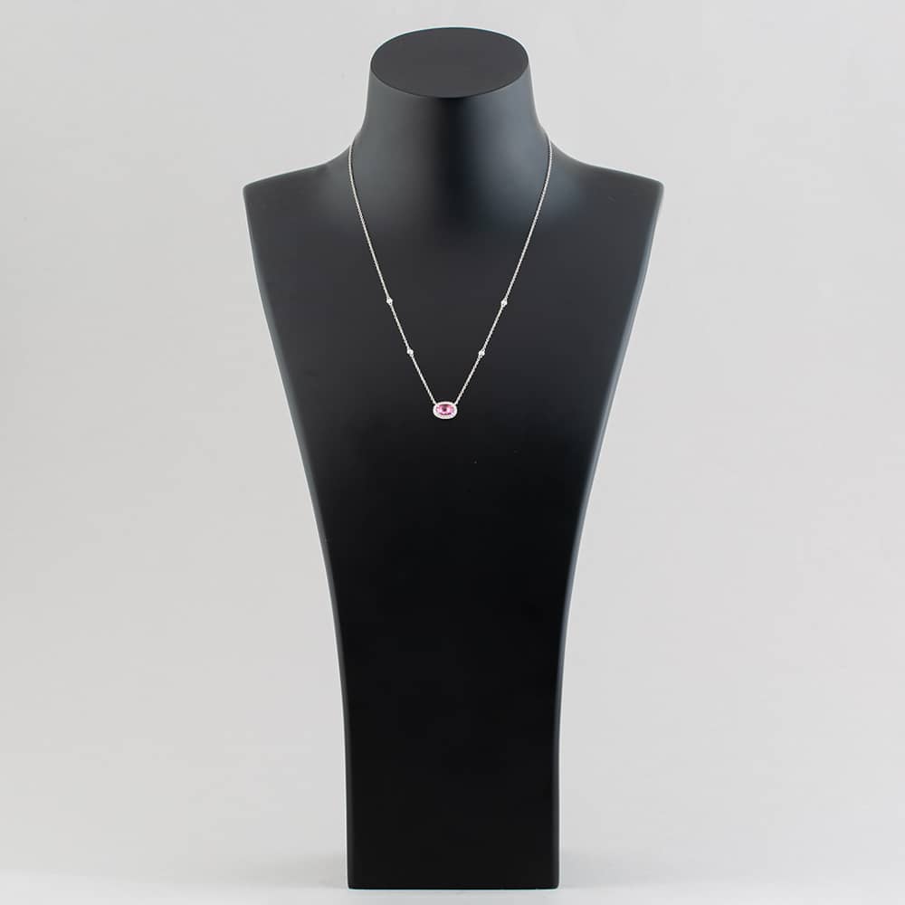 18ct White Gold 0.90ct Oval Cut Pink Sapphire & 0.19ct Brilliant Cut Diamond Halo Necklace NTX1695 18WG